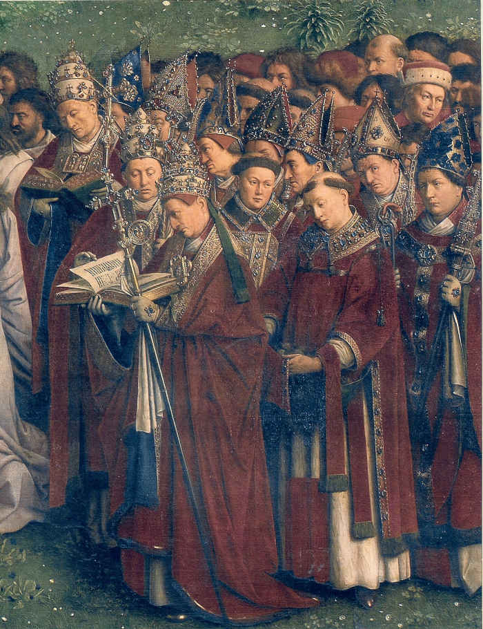Some popes and bishops on the Ghent Altarpiece. The guy on the right was identified by Peter Voorn as Pierre Cauchon, one of the judges of Joan of Arc. He believes the man above Pierre Cauchon, wearing an ermine hat, is the painter known as Hubert Va