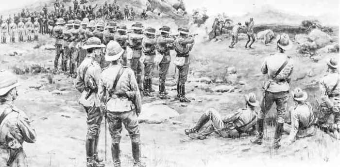 A painting entitled "Paying the penalty for murder" by F. Dadd in Museum Africa, Johannesburg. It shows the execution of two men found guilty of murder in 1906, Natal.
