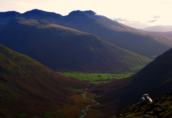 A picture of Scafell Pike which is the highest mountain in England. This is the highest peak in the distance, second peak in from the left of the shot. Also included in the picture is the second highest mountain in England, Scafell, at the centre o