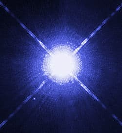 Hubble Image of the Sirius binary system, in which Sirius B can be clearly distinguished(lower left speck or dot, smaller than the bigger bright foreground lit star.