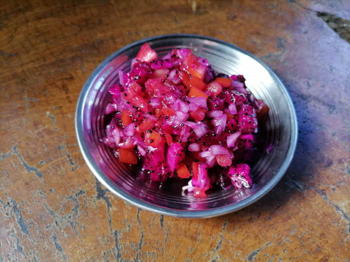 Dragon fruit salsa, ready to serve