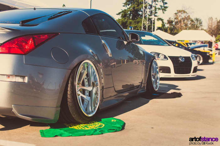 This Nissan 350Z is slightly different. The wheel rim is slightly tucked under the rear fender. This is a "mild" example of being flush and tucked.