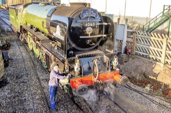 Here's an average fully grown man working on the engine to give you an idea of the size of these locomotives. At full speed it takes a couple of miles after applying the brakes to stop.