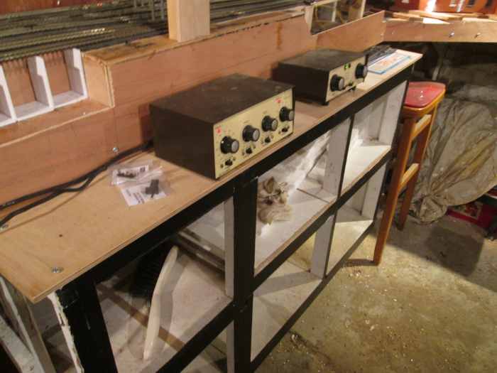 Both controllers near the middle of the layout. The single output controller is for the coal depot, the dual controller will be linked to the main running lines.