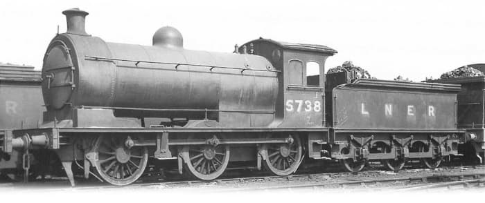Class J26 0-6-0 5738 of North Eastern vintage in LNER days. They were spread across the former NER system as Class P2;, the LNER re-classified them as J26 and first withdrawals came in BR days in the late 50s-early 60s