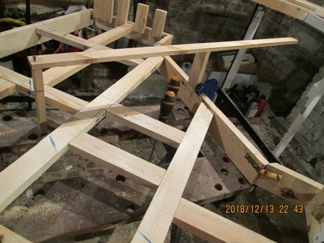 Notice the curve measuring tool? Easy to assemble, only needs one willing body to mark where the vertical touches on the stretchers. Then mark where the risers should go. Repeat for inner curve and back road (to a lesser extent, away from the corner)