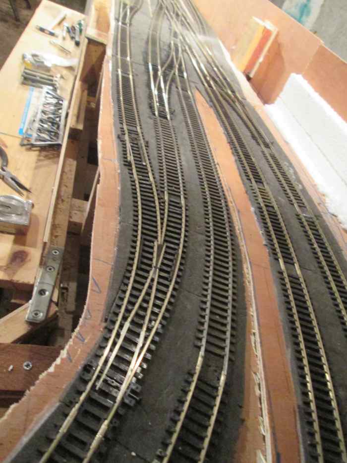The junction starts on Unit 3 towards Unit 4. Points have been installed on the parcels/passenger side as well as on the goods, freight and mineral side, Up and Down. This is the view Up, with a curved left-hand point leading to the coal depot