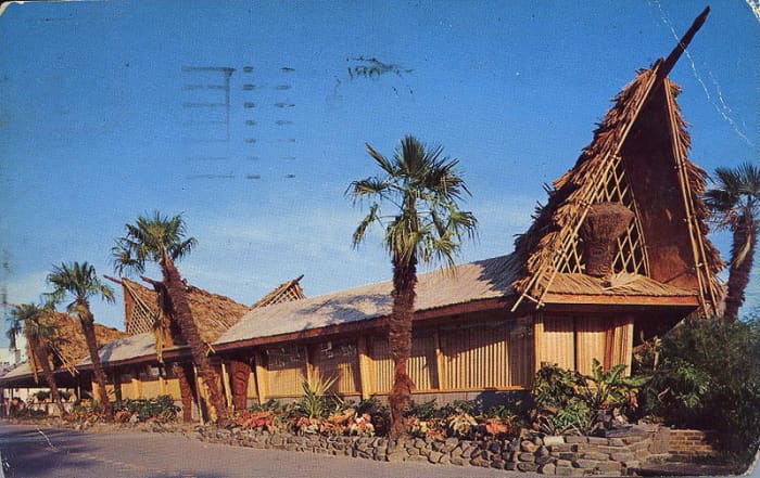 Similar in construction to the Kahiki Supper Club, this is a postcard of the Bali Ha'i Restaurant in the 1950s (public domain). The Kahiki appears in the video below.