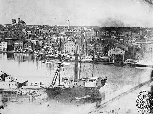 A steamship at Federal Hill in 1849. The Basilica and Washington monument are in the background.