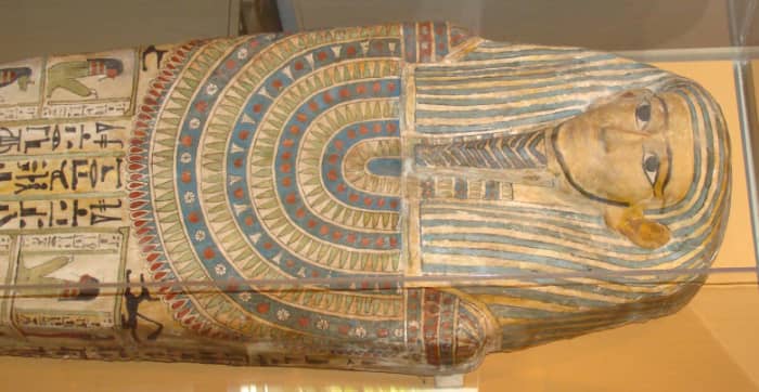 Egyptian Mummies - This is a Photograph of a Mummy Coffin (Sarcophagus) Found in the San Diego Museum. It dates from between 650 B.C to 330 B.C. The coffin belonged to a woman despite the beard painted onto the image of the deceased.