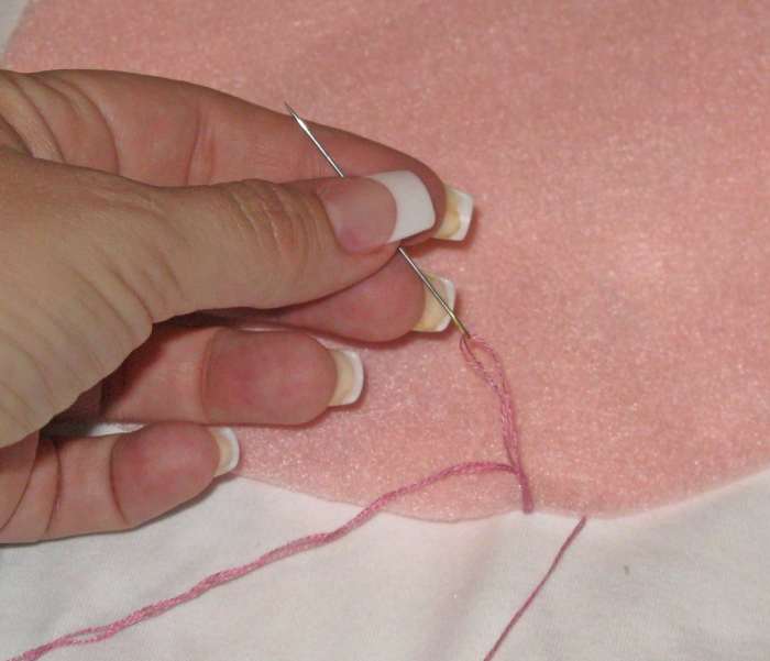 Steps 3 & 4: Bring thread out at the edge again and catch it inside the loop before pulling it tight.