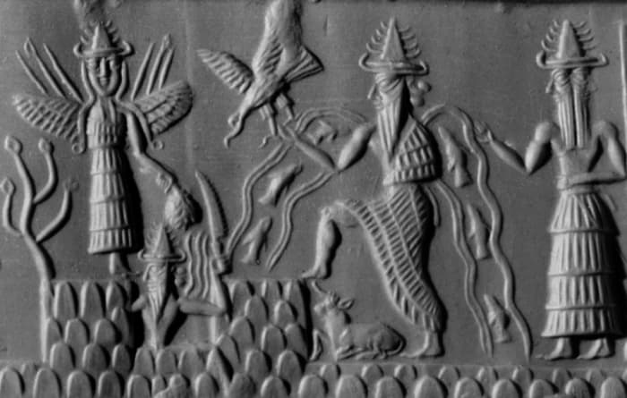 Four Sumerian gods (left to right), Inanna, Utu, Enki (also known as Ea, who warned Atrahasis), and Isimud.