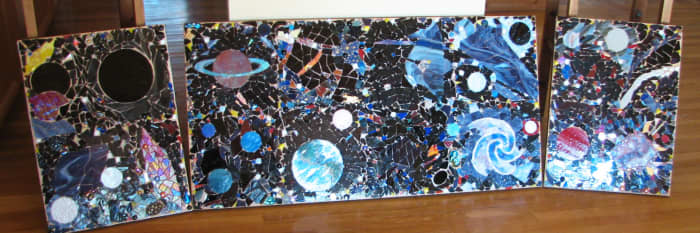 Space mosaic ready to grout (with black sanded grout), done on eighteen 12" squares of mesh, then transferred to a substrate 7 feet x 2 feet. Stained glass, vintage costume jewelry, dichroic cabochons, mirror, pearls, amethyst