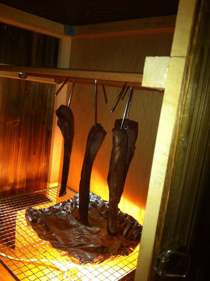 The same four strips the very next day (day2). You can see that they have already dried quite a lot and the surface of the strips of biltong has darkened.