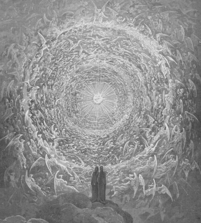 Dante stands in the presence of God, depicted as a shining white light at the end of a tunnel lined with adoring angels.