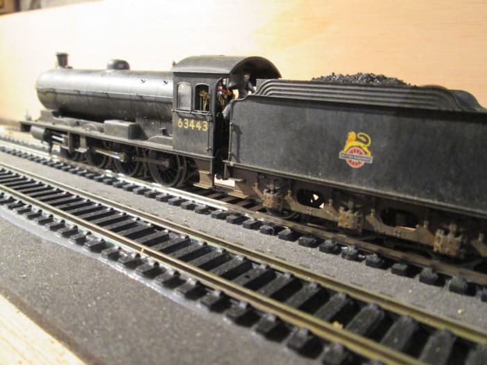 Haverton Hill's 63443 awaits the 'off' - both (Hornby) engines have been weathered by me. As on classes J26 and J27 these locos were unfitted until 63395 was preserved, thus bore three-link couplings for mineral and heavy freight work