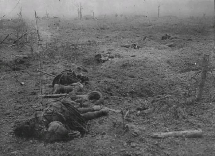 Caught in open ground tangled in the barbed wire and facing enemy machine gunners, meant only one thing. Here an entire regiment were slaughtered within 20 minutes.