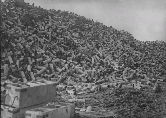 One week of shelling created this pile of shell cases. If the average artillery shell took one life, then how many lives were taken here?