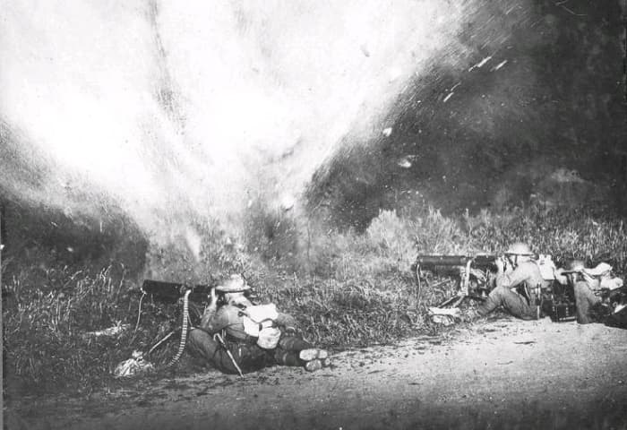 Anzac machine gunners repel a German charge. Constant bombardment from the big guns on both sides, shattered ear drums, confidence and spirits. The generals avoided such things at all expense! What did they know?