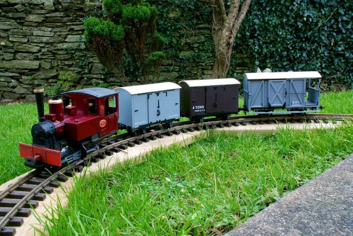 Converted LGB locomotive and Accucraft UK rolling stock and brake van on my Temporary Garden Railroad. David Lloyd-Jones 2010
