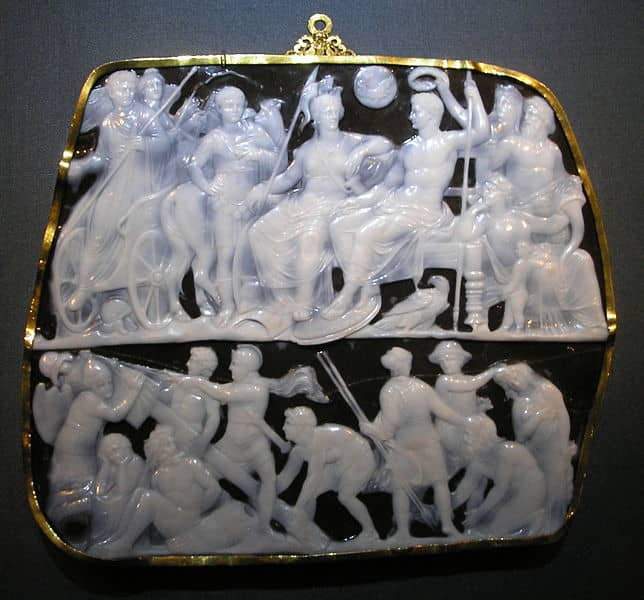 Gemma Augustea cameo, a depiction of Emperor Augustus surrounded by goddesses and allegories. Collection of Greek and Roman Antiquities in the Kunsthistorisches Museum, Vienna. It made between 10C dan 20C. Size 19 x 23 cm.