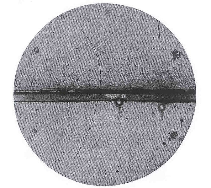 The first image of an antiparticle, by Carl D. Anderson (1905-1991) (Physical Review, Vol.43, p. 491)