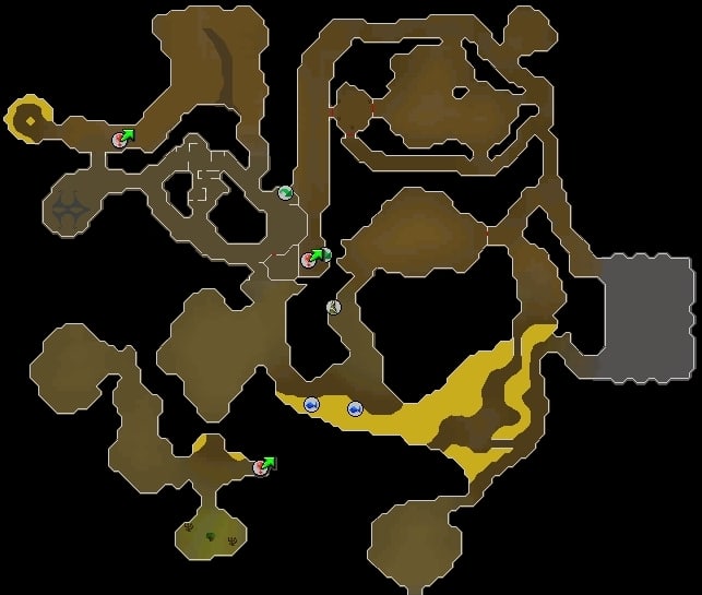 Taverly Dungeon - You start at the green arrow in the center. The exit ladder is the green arrow to the northwest.