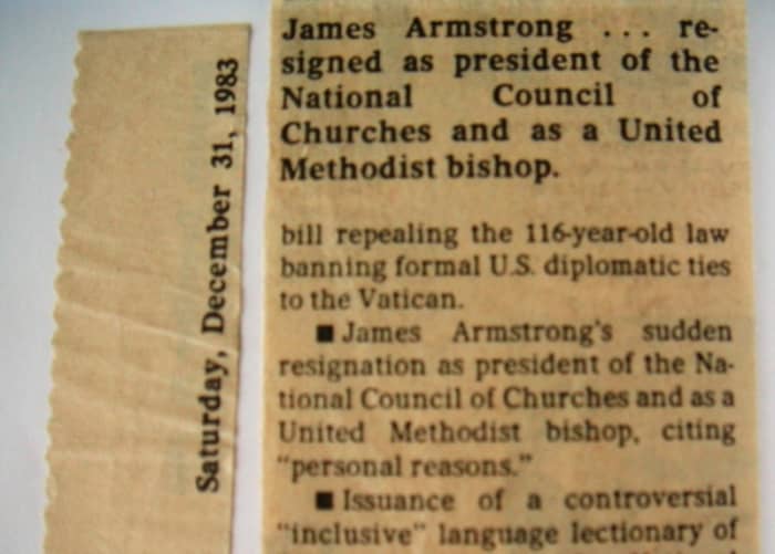 James Armstrong . . . resigned as president of the National Council of Churches and as a United Methodist Bishop, Dec. 31, 1983