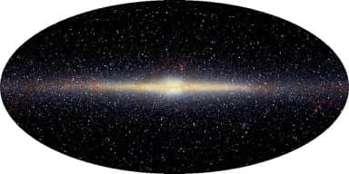 This is an edge on view of the Milky way. Our sun and solar system is located on the left side of the center, approximately three-quarters of the way out.