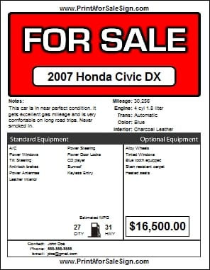 An example of the printable for sale sign offered by Print A For Sale Sign.com