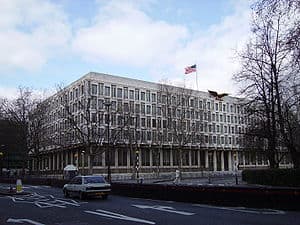 The old US Embassy in Grosvenor Square, London. A new embassy is currently being built in the Nine Elms area of the London Borough of Wandsworth. This follows security concerns arising from the 9/11 terrorist attacks.