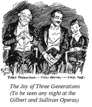 1921 cartoon showing audiences at the D'Oyly Carte 1921 season. Initialled and dated by artist, bottom left. Reproduced, and here scanned from, Bettany, Clemence (ed). ''D'Oyly Carte Centenary, 1875-1975'', D'Oyly Carte Opera Trust, London 1975.