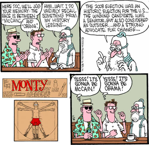 Monty cartoon explores the issue of confirmation bias. Two people, receiving the same information, drew completely different conclusions, because of their own confirmation biases: choosing to interpret information that support their own POV