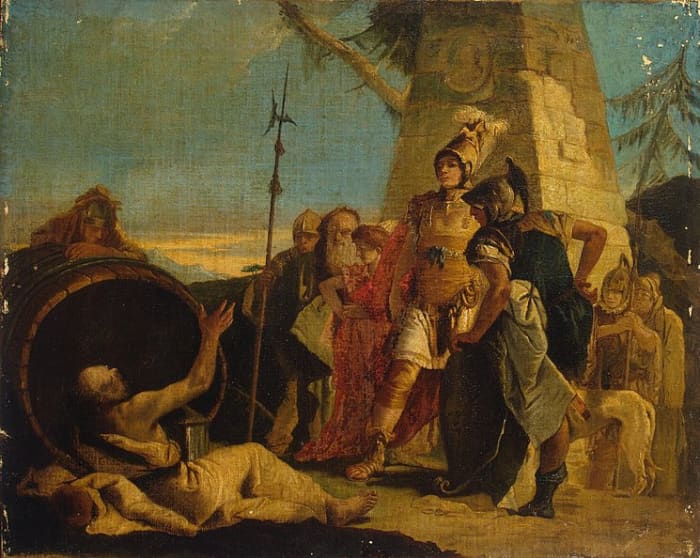 Giovanni Battista Tiepolo's painting of Alexander the Great and Diogenes, painted sometime in the 1700's. Diogenes the Cynic was one of the few people who mocked Alexander the Great and lived.