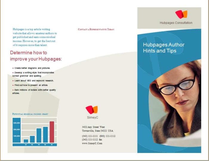 This simple brochure was created by using a simple template in Word. I have only shown page 1 of the brochure, to get the full folding effect you will have to complete page 2, and then print on a printer that allows double sided printing.