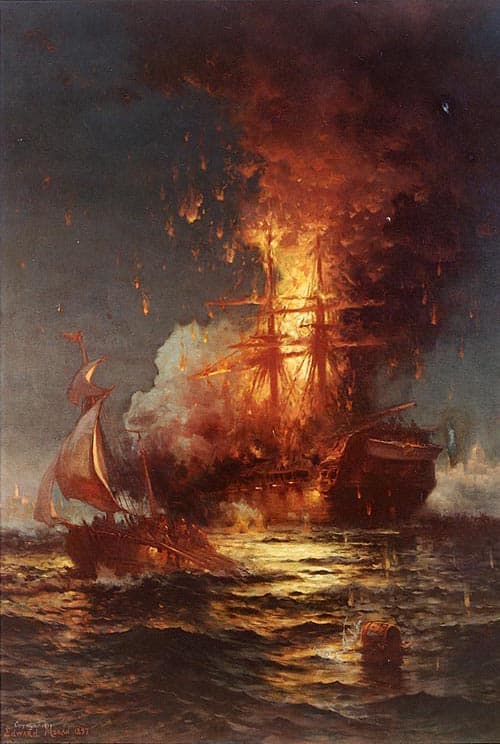 The burning frigate Philadelphia in the harbor of Tripoli, February 16, 1804, by Edward Moran, painted 1897.