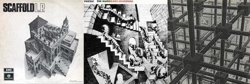 Three other albums have used Escher's art. From left: Scaffold's L.P. (1969), The Mandrake Memorial's Puzzle (1970) and the compilation Endless Journey: Phase Two (1983) which perhaps made the best use of the artwork with no writing on the cover.