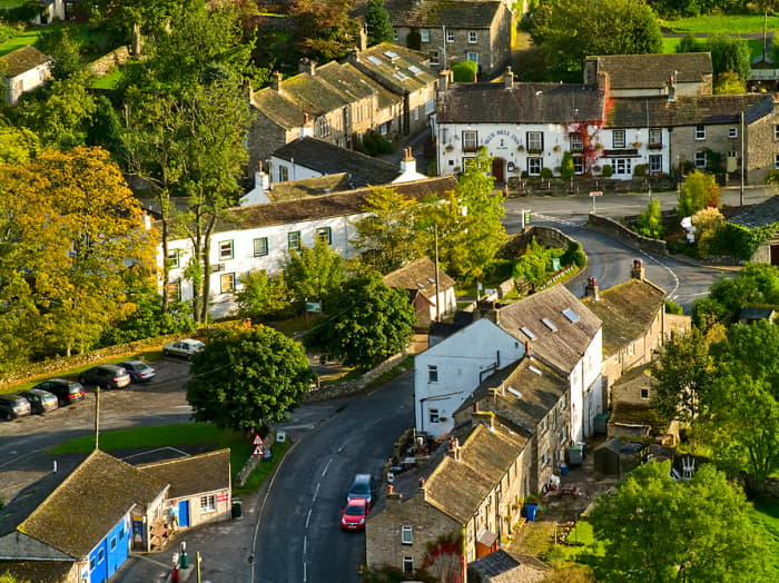 Overhead view of Kettlewell, astride the crossroads between Grassington and Hawes or West Burton.