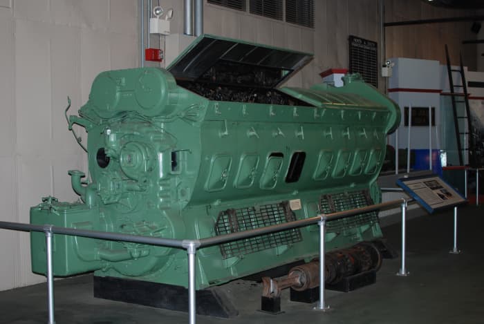 A 16 cylinder EMD 567 diesel engine. Used in F series locomotives, GPs and more. Even submarines and ships during WWII.