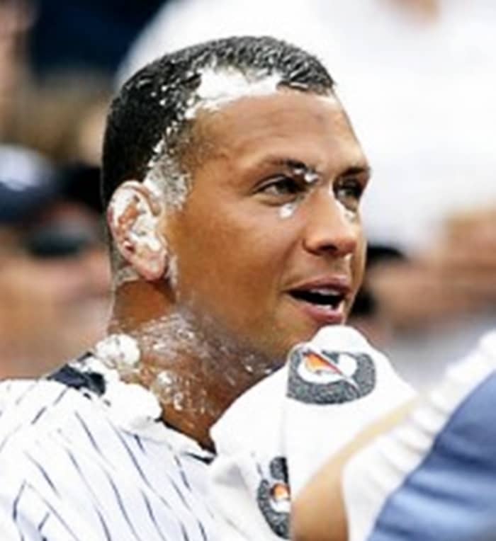 On May 26, 2009, Yankees Alex Rodriguez hit a walk off homer in the 11th inning today to defeat the Minnesota Twins. He got pied by teammate A.J. Burnett.