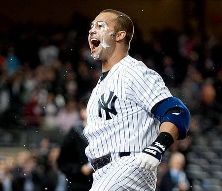 On April 14, 2011, Yankees Nick Swisher delivered the game-winner with a sacrifice fly in the 10th, stunning the Orioles with a dramatic 6-5 win. He got a celebratory pie in the face.