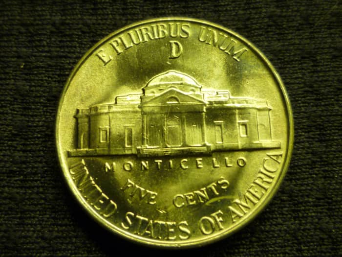 1945 D Jefferson Nickel. Note the large mintmark above the Monticello. This is characteristic only to the Silver Wartime Nickels (1942-1945).