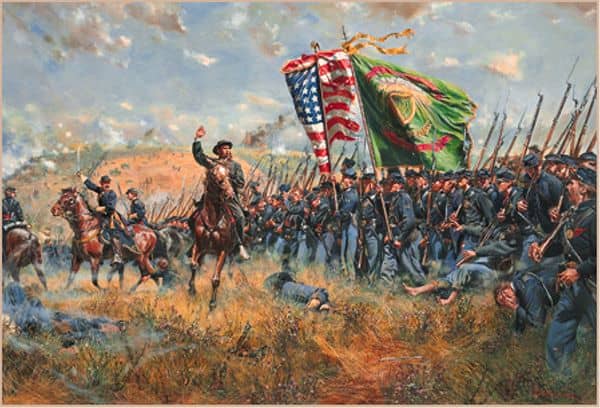 Painting - Irish Brigade, at Antietam, advances toward the enemy position; firearms are at Right-Shoulder Shift