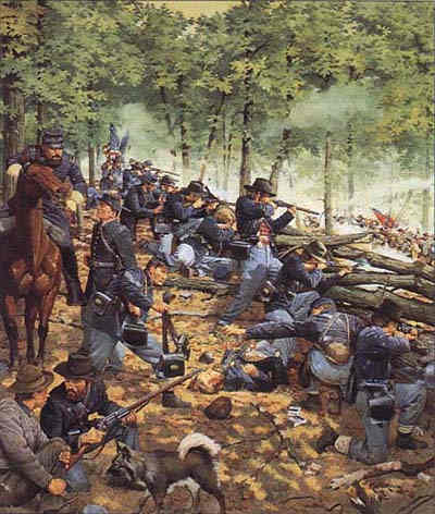 Painting - Union troops fire from behind a breastwork of stones and logs / fence rails at Chickamauga in GA