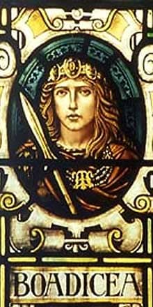 Stained glass window depicting Boudicca at the Colchester town hall in England.