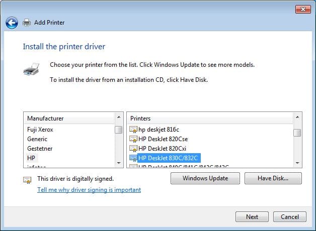 After Windows Update Does its thing, select the HP Deskjet 830c/832c from the HP category.