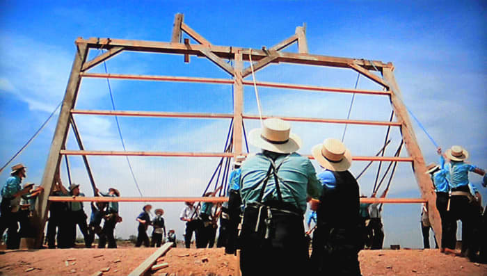 The barn building scene - one of the great sequences in the history of the movies. Uplifting communal activity, authentic social interactions, a subtle body language between the characters of Book, Daniel and Rachel, and great technical craftwork