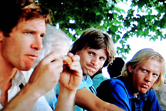 During a quiet moment at a communal meal, Daniel Hochleitner regards Book with some suspicion. And Moses Hochleitner - played by Viggo Mortensson - looks on with curiosity