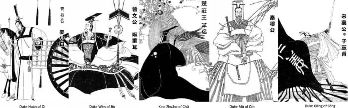 The Five Hegemons of the Spring and Autumn Period:Duke Huan of Qi (齐桓公),Duke Wen of Jin (晋文公),King Zhuang of Chu (楚莊王),Duke Mu of Qin (秦穆公),Duke Xiang of Song (宋襄公)