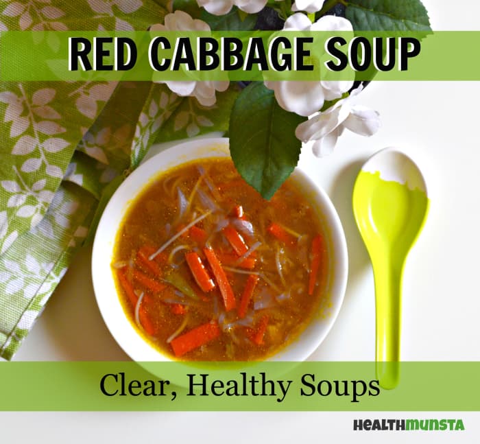 A light yet hearty red cabbage soup recipe with carrots and french beans.